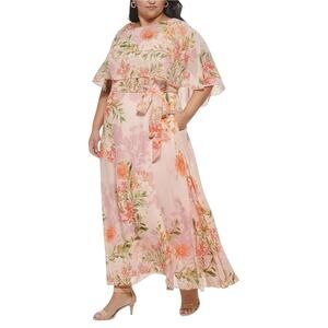 NWT Eliza J 24W Blush Floral Capelet Chiffon Belted Sash Tie Maxi Dress Gown